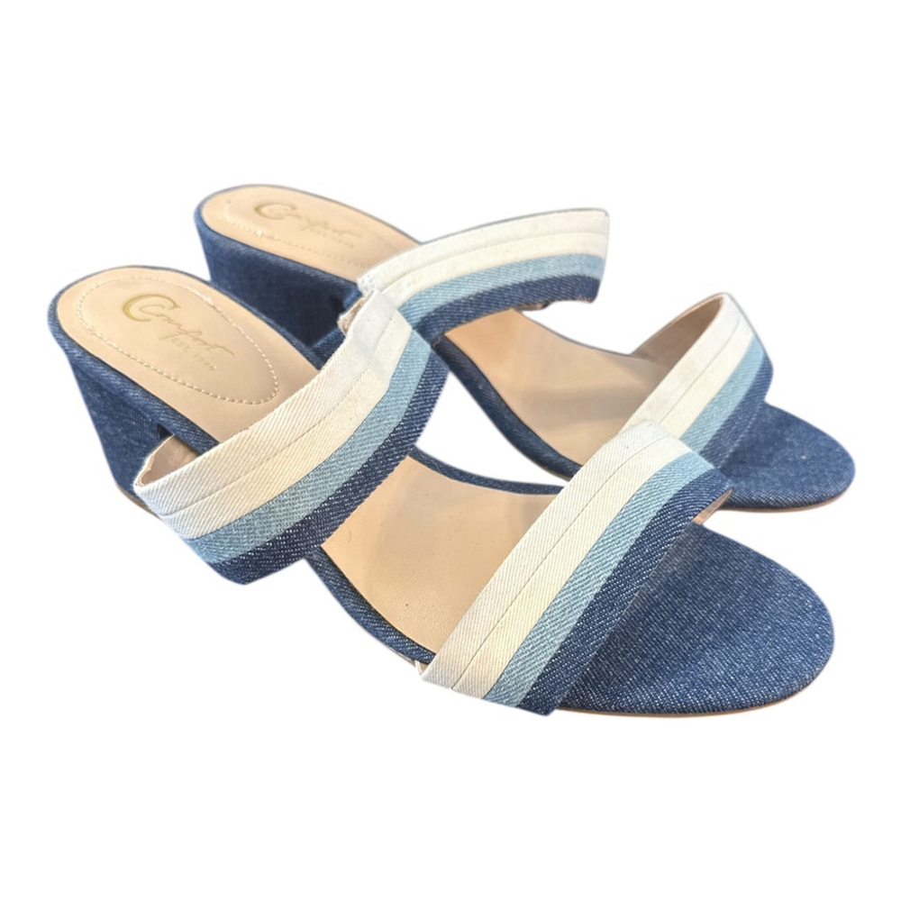 Est. 1946 Denim Sandals with Striped Design, Size 10 Wide, Blue and White - Picture 1 of 5